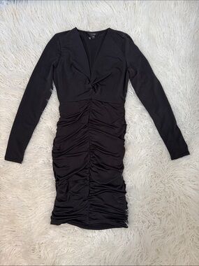 Long Sleeve Black Ruched Plunge V-Neck Dress